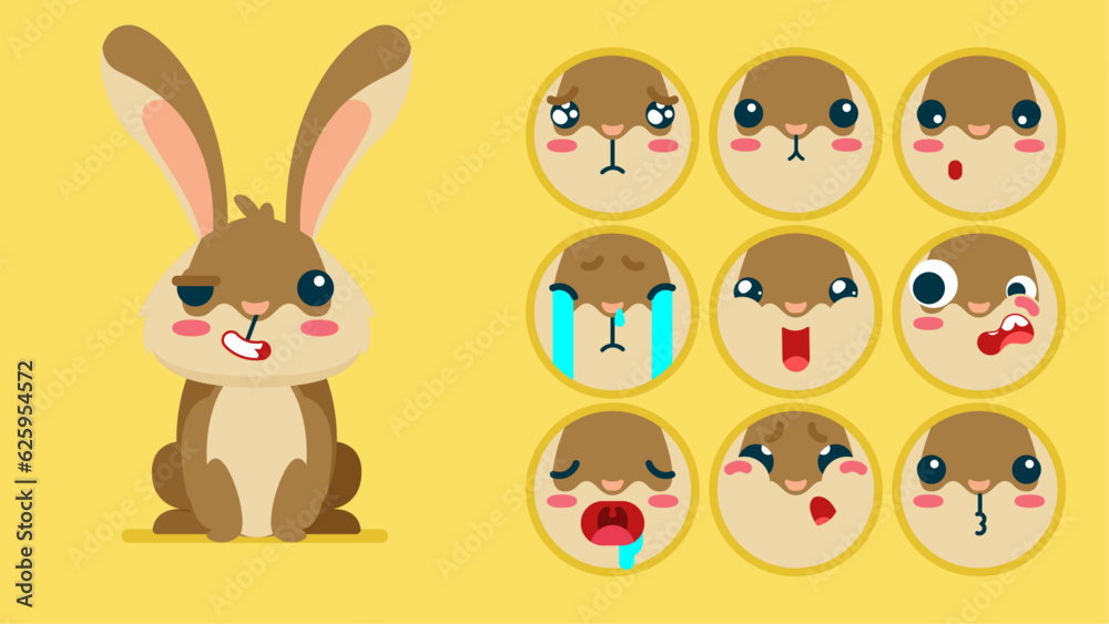 Cute hares, set of animal emotions, tiny rabbit with emoji collocation, sleeping, crying, sad, Bored, happy, excited, lovable, surprised, careless, confident, terrifled, stunned, Flat Vector avatar