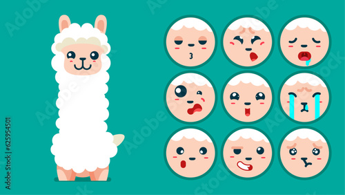 Cute Llama, set of animal emotions, tiny Llama with emoji collocation, sleeping, crying, sad, Bored, happy, excited, lovable, surprised, careless, confident, terrifled, stunned, Flat Vector avatar