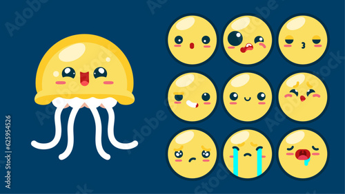 Cute jellyfish, set of animal emotions, tiny jellyfish with emoji collocation, sleeping, crying, sad, Bored, happy, excited, lovable, surprised, careless, confident, terrifled, stunned, Flat Vector  photo