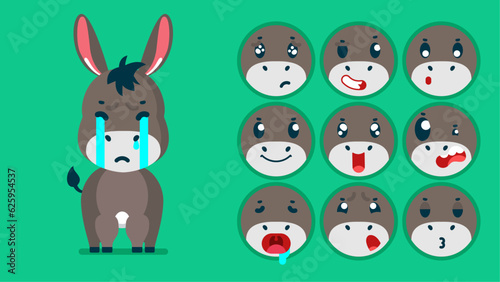 Cute donkey, set of animal emotions, tiny donkey with emoji collocation, sleeping, crying, sad, Bored, happy, excited, lovable, surprised, careless, confident, terrifled, stunned, Flat Vector avatar
