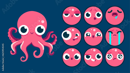 Cute octopus, set of animal emotions, tiny octopus with emoji collocation, sleeping, crying, sad, Bored, happy, excited, lovable, surprised, careless, confident, terrifled, stunned, Flat Vector avatar