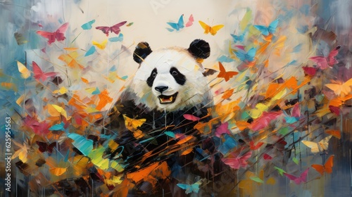 Chinese panda with fantasy forest colorful butterflies and flowers background. Generative AI