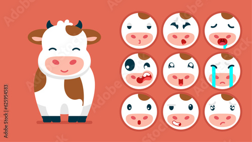 Fototapeta Naklejka Na Ścianę i Meble -  Cute cow, set of animal emotions, tiny cow with emoji collocation, sleeping, crying, sad, Bored, happy, excited, lovable, surprised, careless, confident, terrifled, stunned, Flat Vector avatar