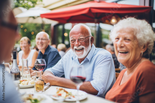 Happy group of senior mix race people having lunch in Amsterdam street restaurant . Life style concept with friends having fun together on summer holiday