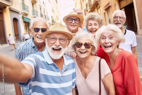 Happy group of senior people taking selfie and smiling at the camera on vacation in Barcelona. Pensioners having fun together on summer holiday photo