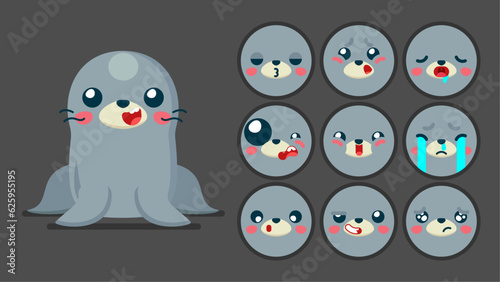 Cute seal, set of animal emotions, tiny seal with emoji collocation, sleeping, crying, sad, Bored, happy, excited, lovable, surprised, careless, confident, terrifled, stunned, Flat Vector avatar