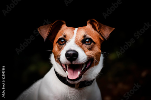 Purebred Jack Russell Terrier closeup portrait on black background. Generative AI.