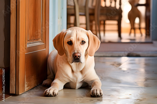Beige labrador puppy dog lying on wooden floor next door and waiting for owner. Generative AI.
