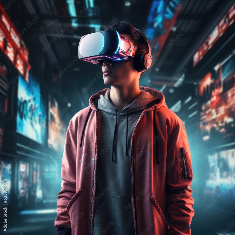 Young man wearing VR glasses. Modern technology, metaverse concept Young man wearing VR glasses. Modern technology, metaverse concept