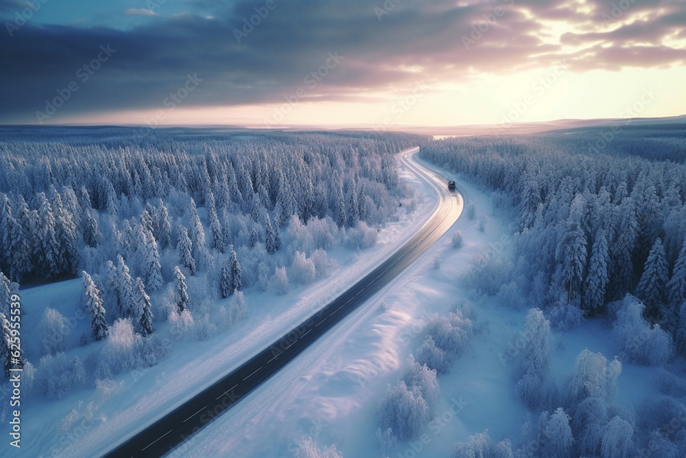 Aerial view of snowy winter forest in sunny day and straight road in the middle going forward Generative AI