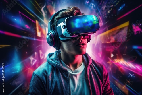 Young man wearing VR glasses. Modern technology, metaverse concept