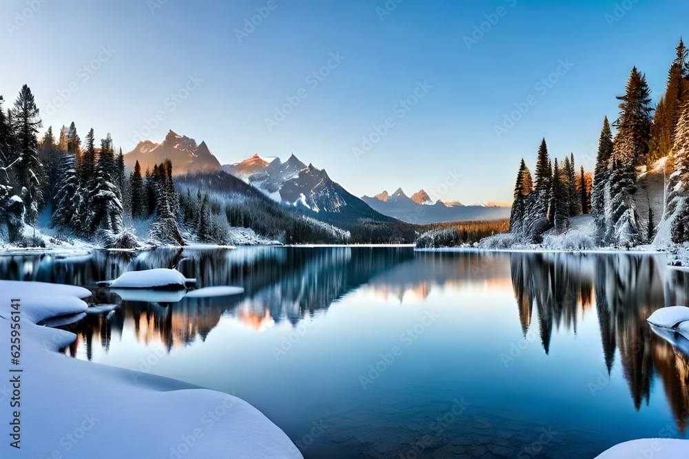 A serene frozen lake with snow covered trees and mountains - AI generative