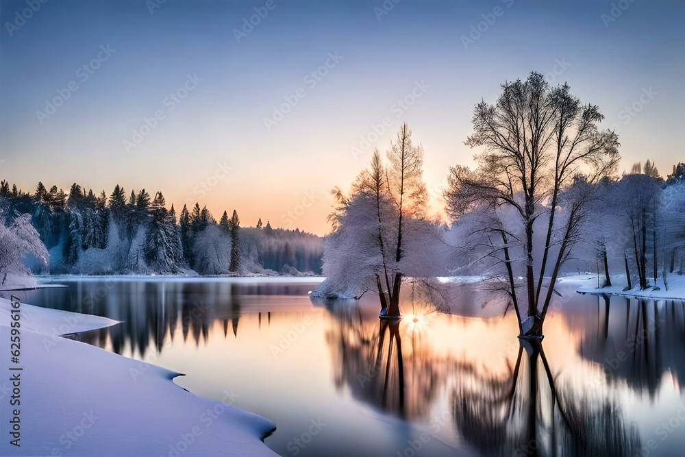 a frozen lake surrounded by snow and trees - AI generative a frozen lake surrounded by snow and trees - AI generative