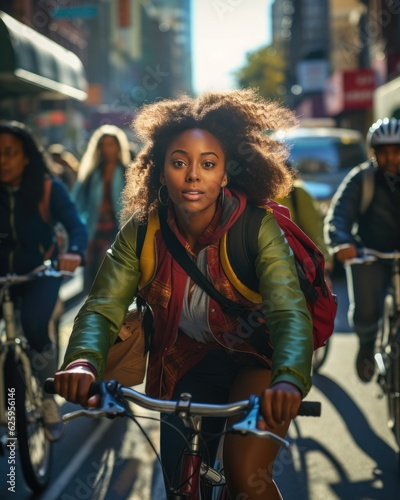 Beautiful African American woman riding her bicycle to work. Portrait of a confident young woman commuting, riding bicycle on a sunny urban street. Generative AI