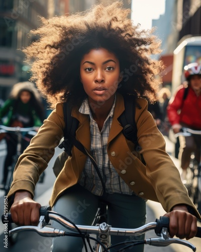 Beautiful African American woman riding her bicycle to work. Portrait of a confident young woman commuting, riding bicycle on a sunny urban street. Generative AI