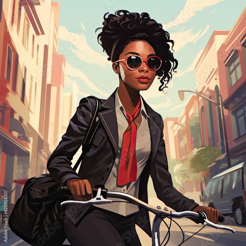 Illustration of a confident young woman commuting, riding bicycle on sunny urban street. Beautiful African American woman riding her bicycle to work. 