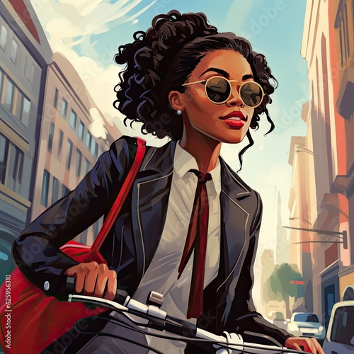 Illustration of a confident young woman commuting, riding bicycle on sunny urban street. Beautiful African American woman riding her bicycle to work. 