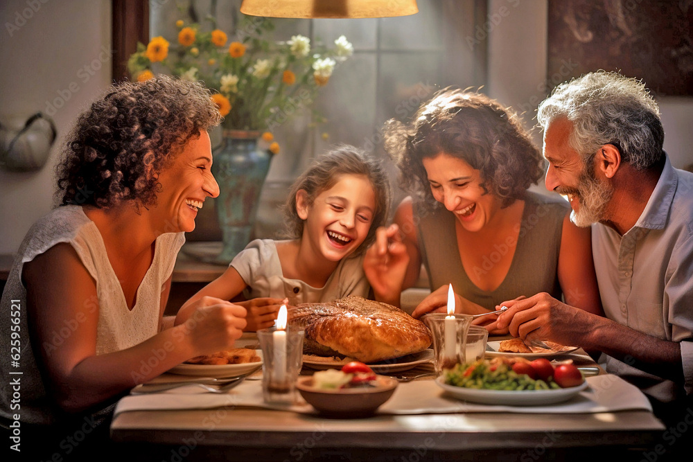 Portrait of happy family having dinner together in the kitchen at home. Generative AI