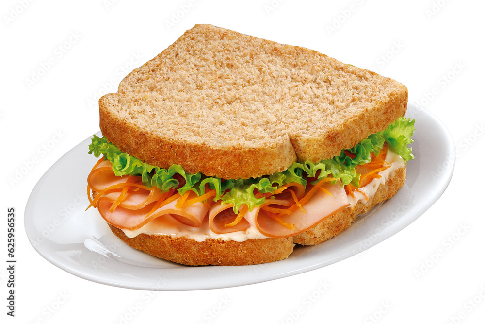 prato com sanduíche de peito de peru defumado com alface, cenoura ralada e maionese isolado em fundo transparente -  sanduíche natural - obrazy, fototapety, plakaty 