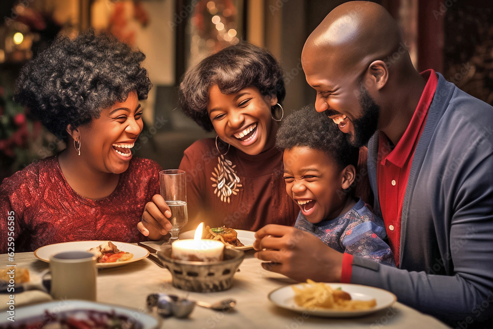 Portrait of happy African American family having dinner together at home. Generative AI