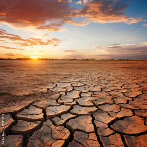 vivid illustration of climate change impact - a parched land riddled with cracks due to severe drought, mirroring the harsh reality of global warming. optimized for HD 16:9 display. Ai Generated