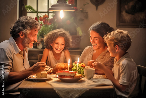 Happy family together at home. They are sitting at table and eating pie with lit candles. Generative AI