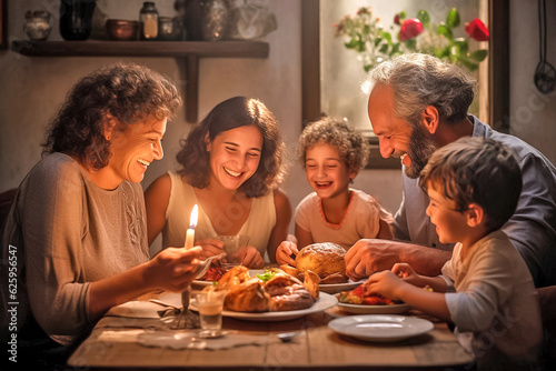 Happy family having dinner together at home. Grandmother  grandfather daughter and grandchildren are sitting at the table and eating. Generative AI