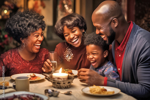 Portrait of happy African American family having dinner together at home. Generative AI