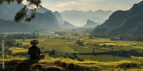 person watching the mountains and golden_yellow_rice_fields,AI generated