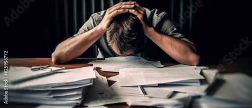 Fotografia a stressed man holding his head looking at piles of documents