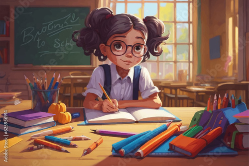 back to school student girl at the table stock vector illustration