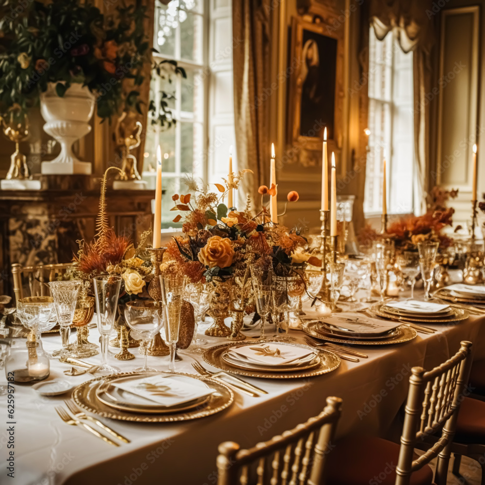 Wedding, event celebration and autumn holiday tablescape, classic autumnal decor and formal dinner table setting in the country mansion, table scape with candles and floral decoration