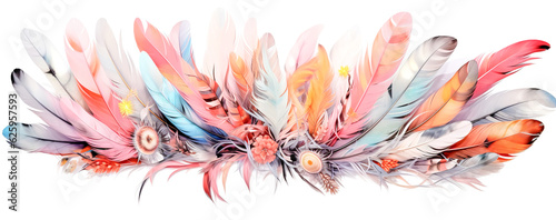 colorful background of dyed and natural feathers. Generative AI