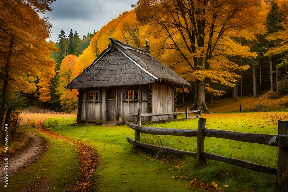 A wooden hut in the cradle of the mountain - AI generative A wooden hut in the cradle of the mountain - AI generative