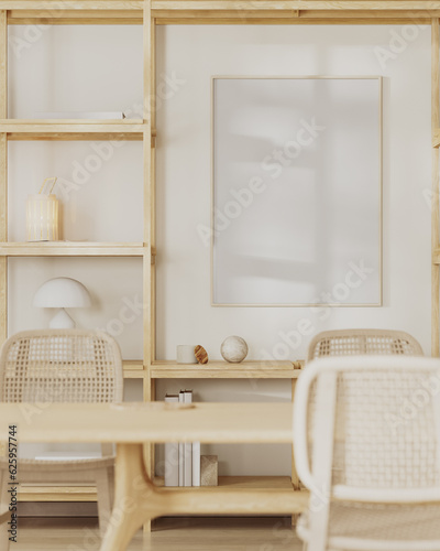 Empty  wooden picture frame mock up in living room interior with cupboard with shelves with decor, dining table with chairs, 3d rendering