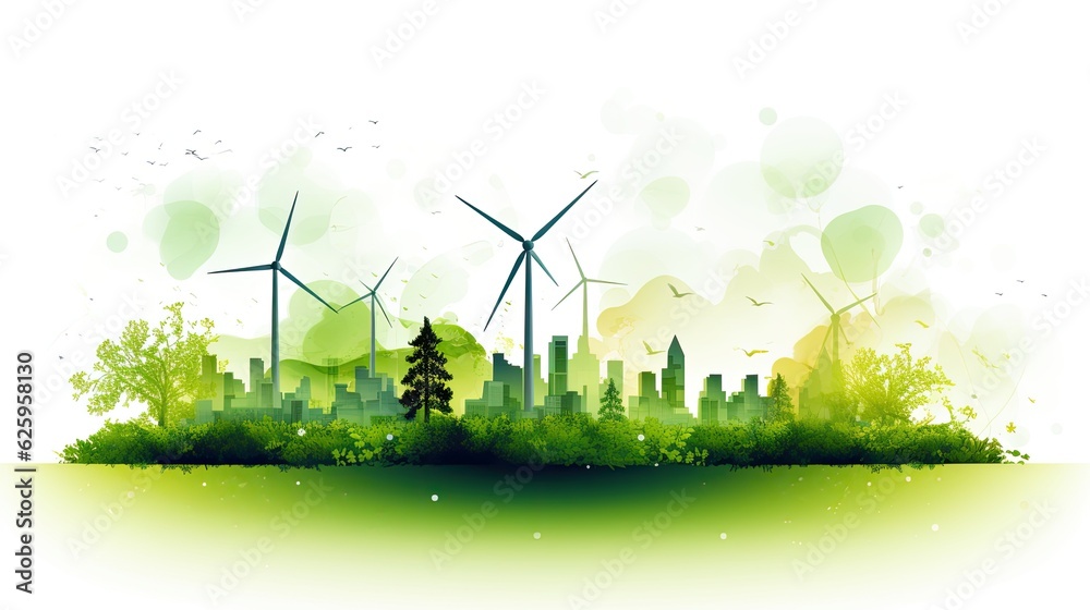 renewables energies concept, green world with windmills