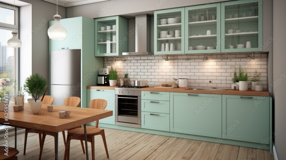 Fototapeta premium Architecture, interior of a kitchen in mint green colored tone.