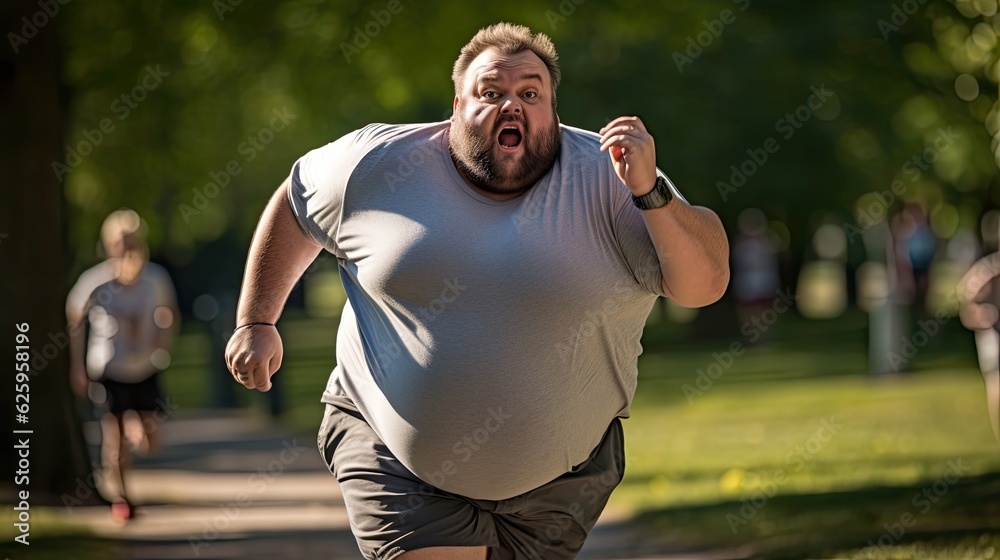 One overweight man running sweaty in the park. One overweight man running sweaty in the park.