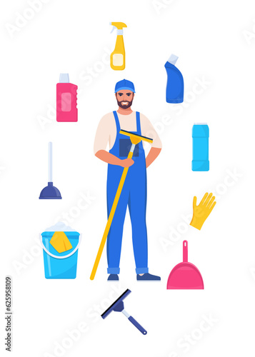 Man dressed in uniform with mop. Worker of cleaning service. Cleaning tools and detergent. Bucket, scoop, brush, washing powder, bottle of spray, sponge, glass scraper, rubber gloves. Vector.