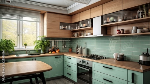 Architecture, interior of a kitchen in mint green colored tone.