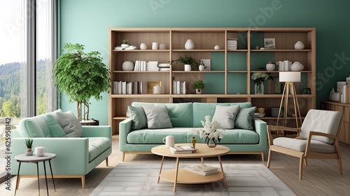 Modern living room in mint green colors with wooden furnitures