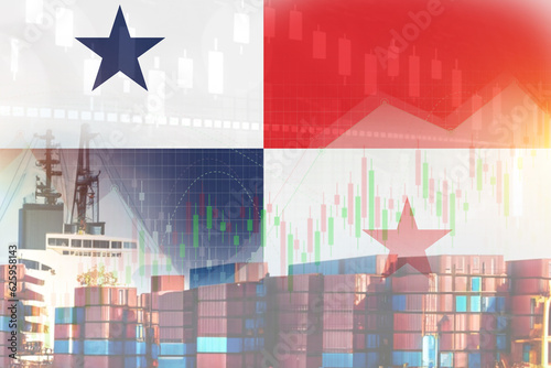 Panama flag with containers in ship. trade graph concept illustrate poster design.