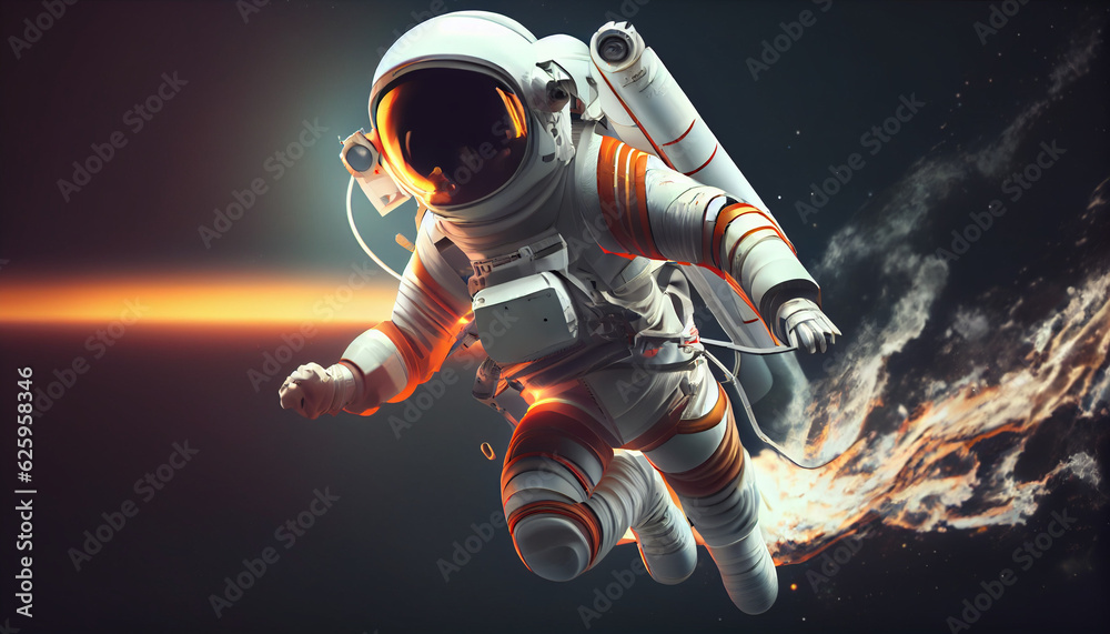 Fototapeta premium 3d render spaceman astronaut flying with rocket 3d illustration design Ai generated image