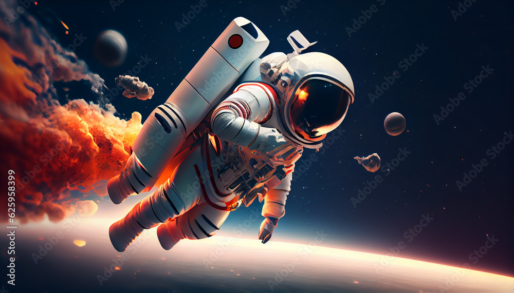 Naklejka premium 3d render spaceman astronaut flying with rocket 3d illustration design Ai generated image