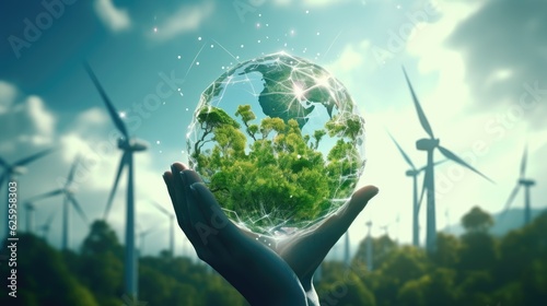 Human hand holds a ball with a gren forest with wind mills generators on it. photo