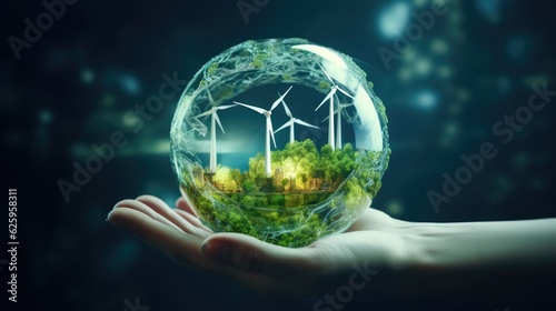 Human hand holds a ball with a gren forest with wind mills generators on it. photo