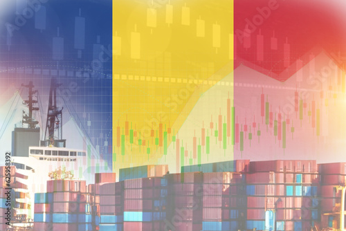 Romania flag with containers in ship. trade graph concept illustrate poster design.