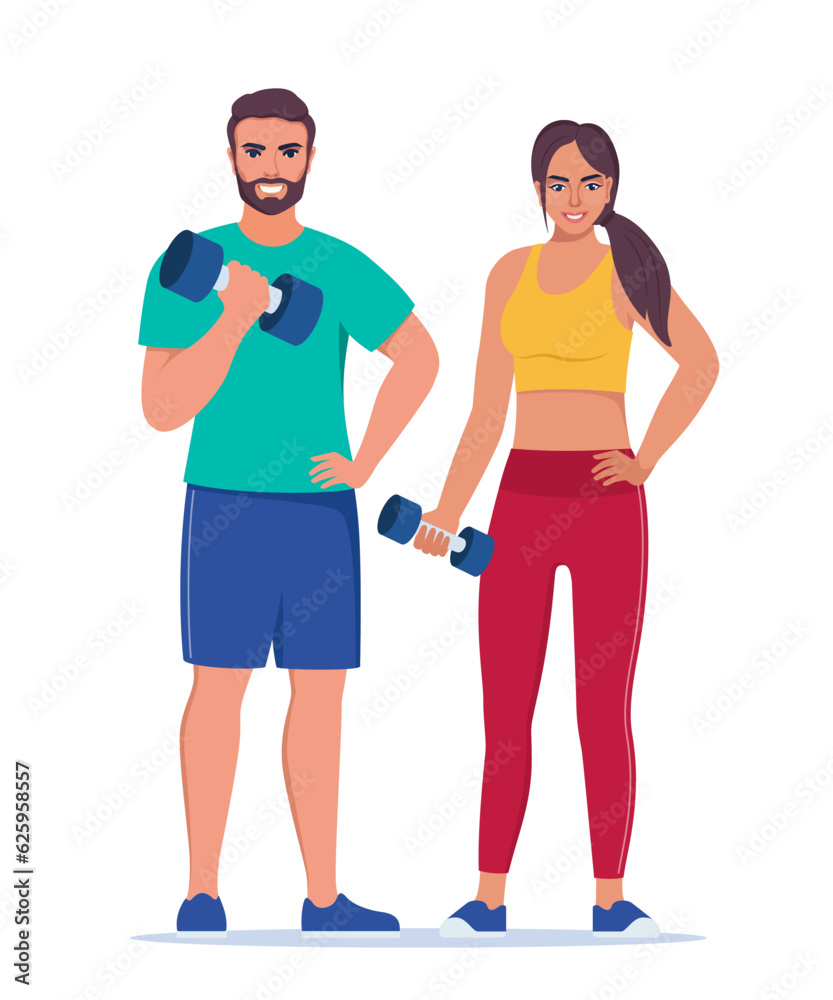 Fitness couple. Man and woman dressed in sportswear are doing exercises with dumbbells. Vector illustration. Fitness couple. Man and woman dressed in sportswear are doing exercises with dumbbells. Vector illustration.
