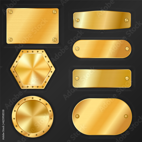 Vector golden plate retro frame, realistic golden badge.