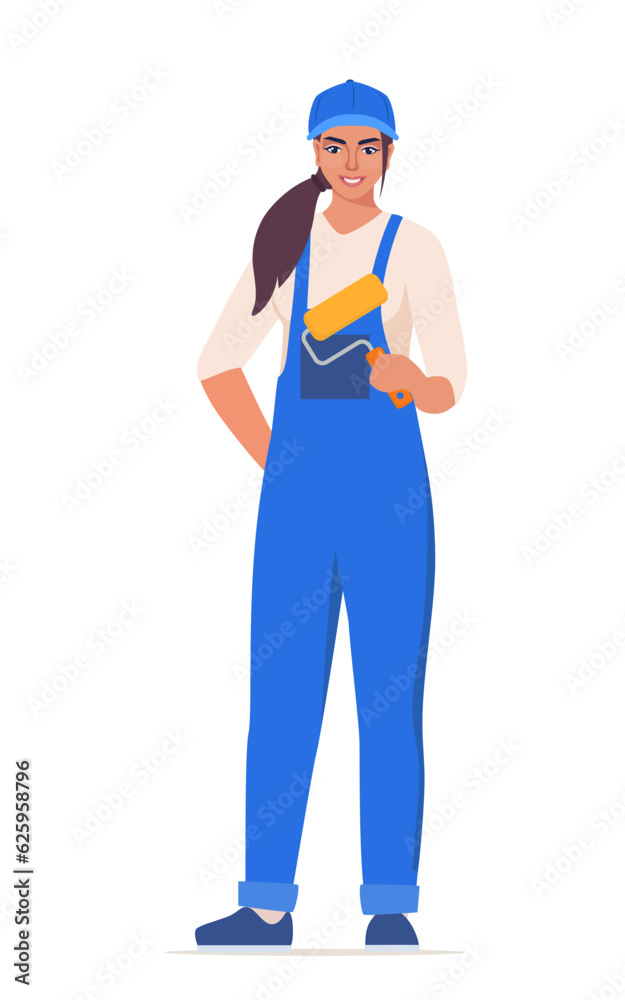 Girl painter. Woman character in blue uniform. Vector illustration. Girl painter. Woman character in blue uniform. Vector illustration.